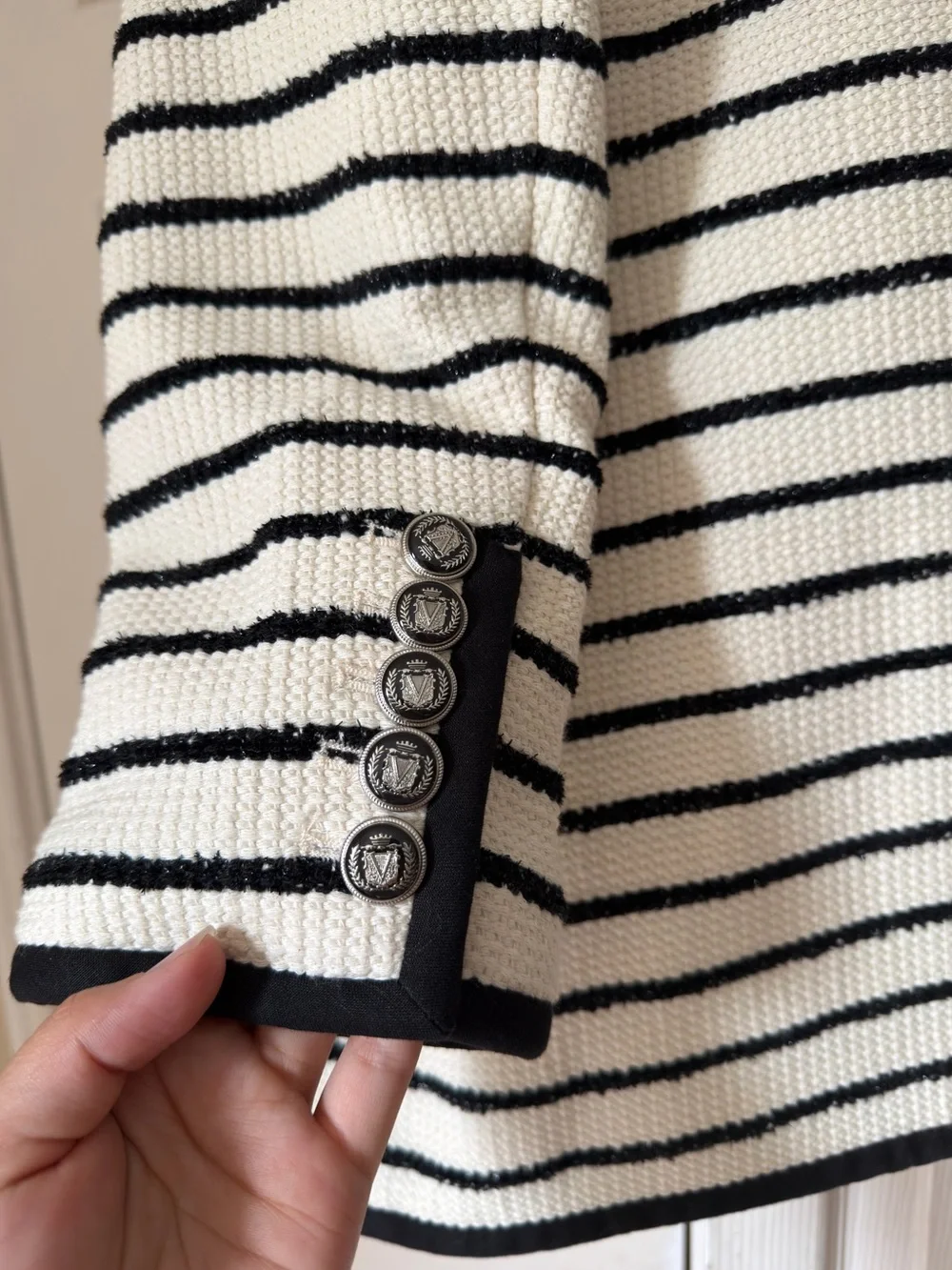 Veronica Beard Black & White Striped Collarless‎ Tweed Jacket